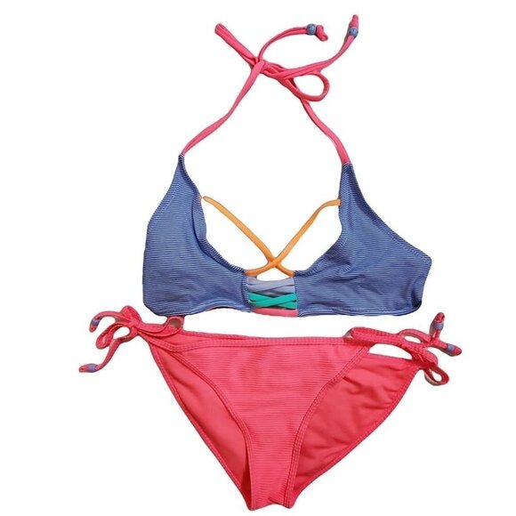 🏆Bingo Multi Color Two Piece Strappy Striped Pink And Blue Bikini Swimsuit Set - Picture 1 of 5